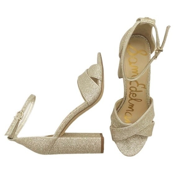 Sam Edelman Yancy Gold Metallic Textured Open Toe Block Heel Sandals Size 7 - Picture 3 of 16